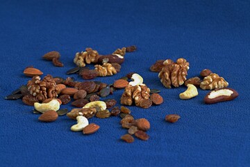 Fototapeta na wymiar scattering of nuts. Walnut, pistachio, raisins, almonds