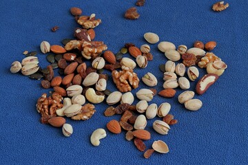 scattering of nuts. Walnut, pistachio, raisins, almonds
