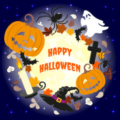 Halloween greeting card with holiday symbols and autumn leaves on night starry sky background and moon