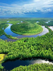 Bright summer landscape. Aerial photography of landscape in Western Siberia. Agan River, tributary of Ob River.