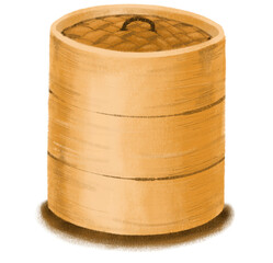 Dim sum Chinese bamboo basket for steamed boa dumpling breakfast painting illustration