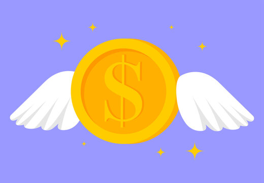 coin with wings. coins and dollars. Gold coins stack concept illustration in flat style. treasure of gold wealth with bright sparkles, money gold coins stacks concept of savings and dividends