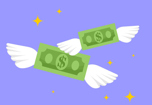 dollar with wings. coins and dollars. Gold coins stack concept illustration in flat style. treasure of gold wealth with bright sparkles, money gold coins stacks concept of savings and dividends