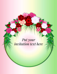 Abstract realistic flowers circle frame wedding invitation card design vector on white and green color