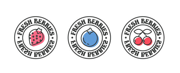 Set Fresh berries organic label food sticker and element. Fresh berries inscription on cirle isolated on white background. Cute cherry icon. Blueberry vector. Strawberry logo