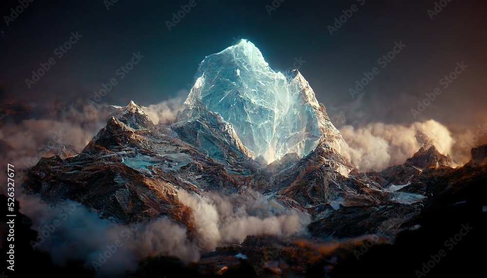 Poster a high rock in the midst of a mountain range shrouded in clouds.