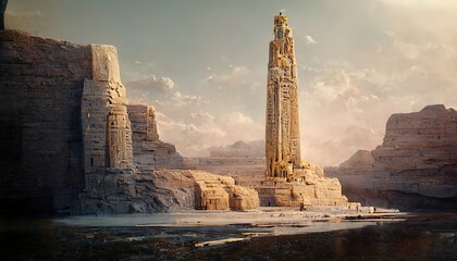 The obelisk rises near the ruined wall of the temple.