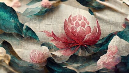 On the rough texture of the canvas, a blooming lotus is painted - obrazy, fototapety, plakaty