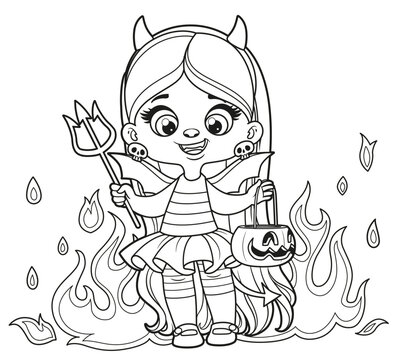 Cute cartoon long haired girl in a Halloween devil costume with pumpkin for sweets outlined for coloring page on white background