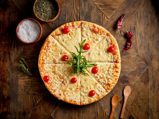 pizza on a wooden background with tomatoes
