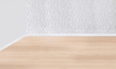 new empty living room interior decoration wooden floor, stone wall concept. decorative background for home, office and hotel. 3D illustration