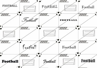 Pattern of soccer balls, gates and inscriptions. Motives are scattered randomly. Elegant template for fashion prints. White background.