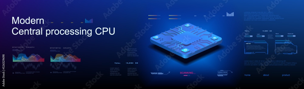 Poster futuristic central processing unit for computer on modern cyber background with hud elements. comput