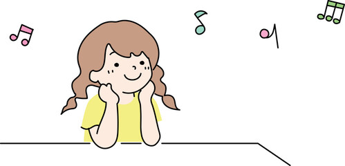 音楽　楽しそうな肘をつく女の子のシンプルイラスト