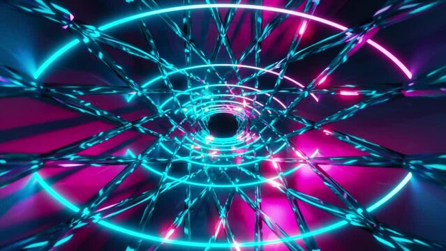 Abstract fantastic animation of neon lights, glowing tubes, lasers and reflective objects moving in tunnel