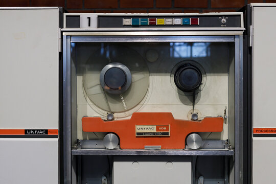 Oslo, Norway. May 01, 2022: Vintage UNIVAC 1108 UNISERVO VIIIC , a computer data recording system on tape at the Oslo Museum of Technology.
