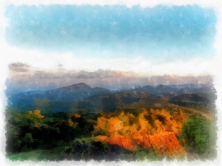 Mountain forest landscape and camping watercolor style illustration impressionist painting.