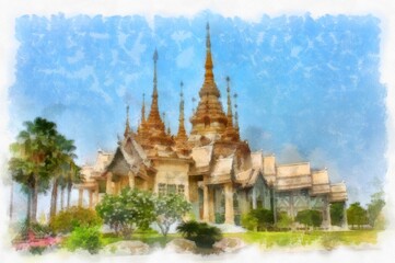 Fototapeta premium Landscape of ancient Thai architecture watercolor style illustration impressionist painting.