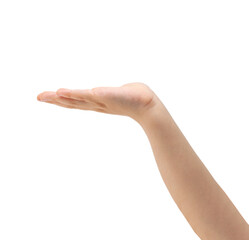 Young child hand with palm up in a white isolated background