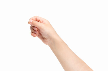 Young child hand holding some like a blank card isolated on a white background - Powered by Adobe