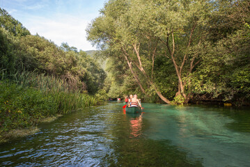 Fototapeta na wymiar View of a group of people having a canoe experience on a natural blue river. Green landscape background