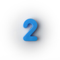 Plastic magnetic number 2 two blue colors on a white background top view.