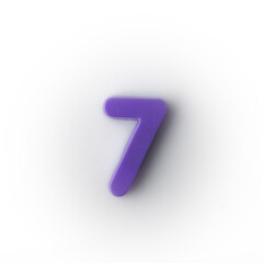 Plastic magnetic number 7 seven purple on a white background top view.