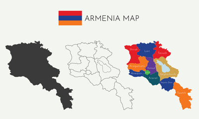 High detailed vector map of Armenia. Borders and names of the provinces.