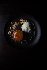 zenith view of pudding with cream