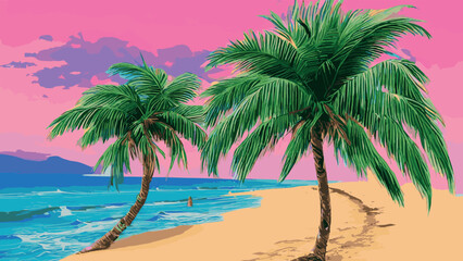 Obraz na płótnie Canvas Palm tree on tropical beach with blue sky and white clouds abstract background.