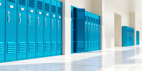 High school hall locker. Education building interior, empty corridor