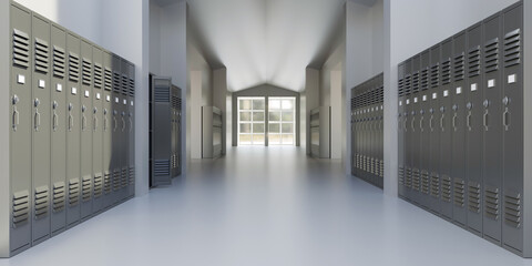 High school hallway locker. Education building interior, empty corridor