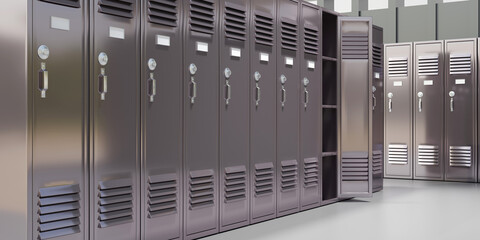 Gym locker, empty change room interior. School student metal closet