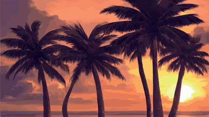 Naklejka na ściany i meble Palm tree on tropical beach with blue sky and white clouds abstract background.