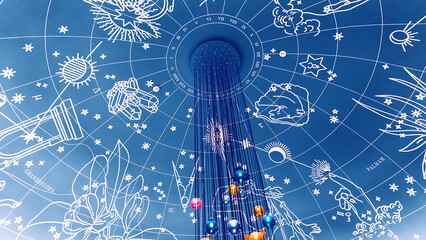 Signs of zodiac on ceiling and chandelier of colorful balls