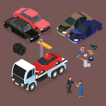 Worker Getting Money For Junk Automobile Removal Isometric 3d Vector Illustration Concept For Banner, Website, Illustration, Landing Page, Flyer, Etc.