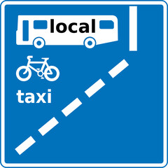 Vector graphic of a uk bus lane road sign. It consists of a white bus, bicycle and a taxi which are allowed in the bus lane contained within a blue square