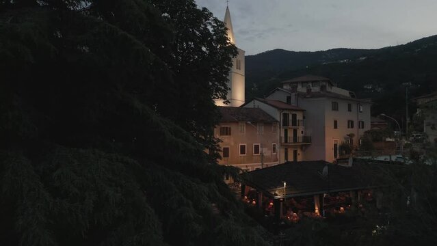 Aerial shot of St. George's Church and the town of Lovran at dusk, Lovran, Eastern Istria