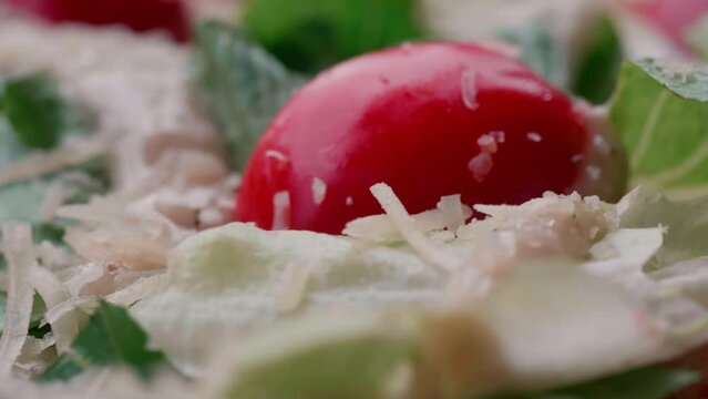 Macro View Of Flipping Pizza With Cherry Tomatoes And Herbs, Italian Cuisine Fast Food 4k