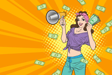 surprise shocking successful business woman holding megaphone and Falling Money say WOW OMG Pop art retro comic style