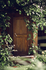 wooden door of the house among the trees