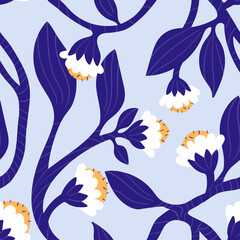 Floral seamless pattern with white flowers and dark blue leaves with texture. Seamless pattern with flowers and leaves. 