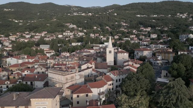 Aerial shot of St. George's Church and the town of Lovran at daybreak, Lovran, Eastern Istria