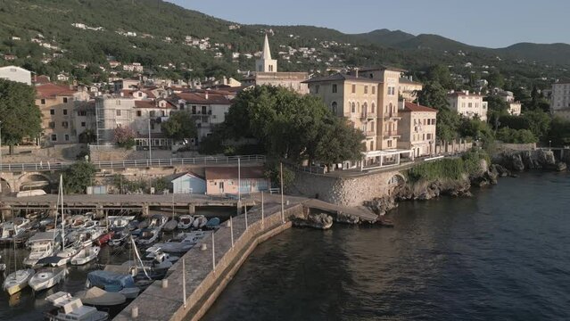 Aerial shot of St. George's Church and the town of Lovran at daybreak, Lovran, Eastern Istria