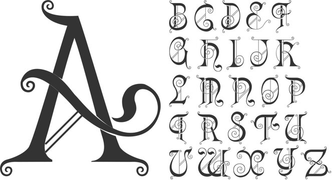 Vintage decorative font. Richly decorated alphabet, vector set of letters. Luxurious beautiful royal font for card, invitation, monogram, logo design
