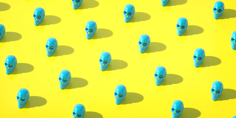 Seamless pattern of blue skulls on yellow. 3d render background