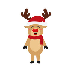 Reindeer set Happy smile in Christmas celebration, standing holding gifts, standing waving, giving out gifts. Pins into the chimney.vector illustration and icon