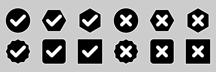 Fototapeta premium Check and wrong marks Icon Set, Tick and cross marks, Accepted,Rejected, Approved,Disapproved, Yes,No, Right,Wrong, Correct,False, Ok,Not Ok - vector mark symbols. White outline design.