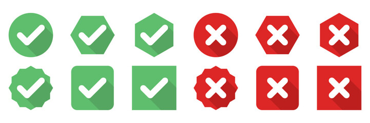 Obraz premium Check and wrong marks Icon Set, Tick and cross marks, Accepted,Rejected, Approved,Disapproved, Yes,No, Right,Wrong, Green,Red, Correct,False, Ok,Not Ok - vector mark symbols in green and red.