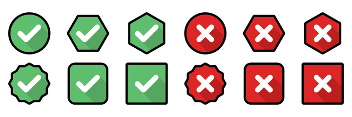 Check and wrong marks Icon Set, Tick and cross marks, Accepted,Rejected, Approved,Disapproved, Yes,No, Right,Wrong, Green,Red, Correct,False, Ok,Not Ok - vector mark symbols. Black stroke design.